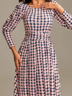 Long Puff Sleeved Jersey Midaxi Dress, Large Pink Geo