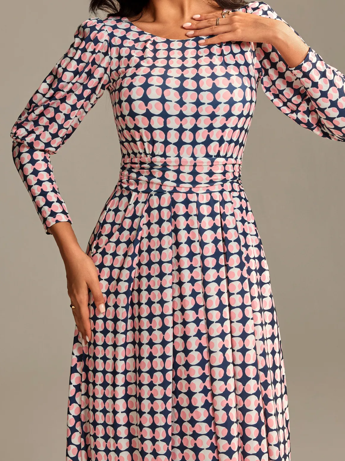 Long Puff Sleeved Jersey Midaxi Dress, Large Pink Geo