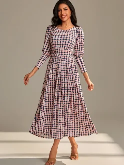 Long Puff Sleeved Jersey Midaxi Dress, Large Pink Geo