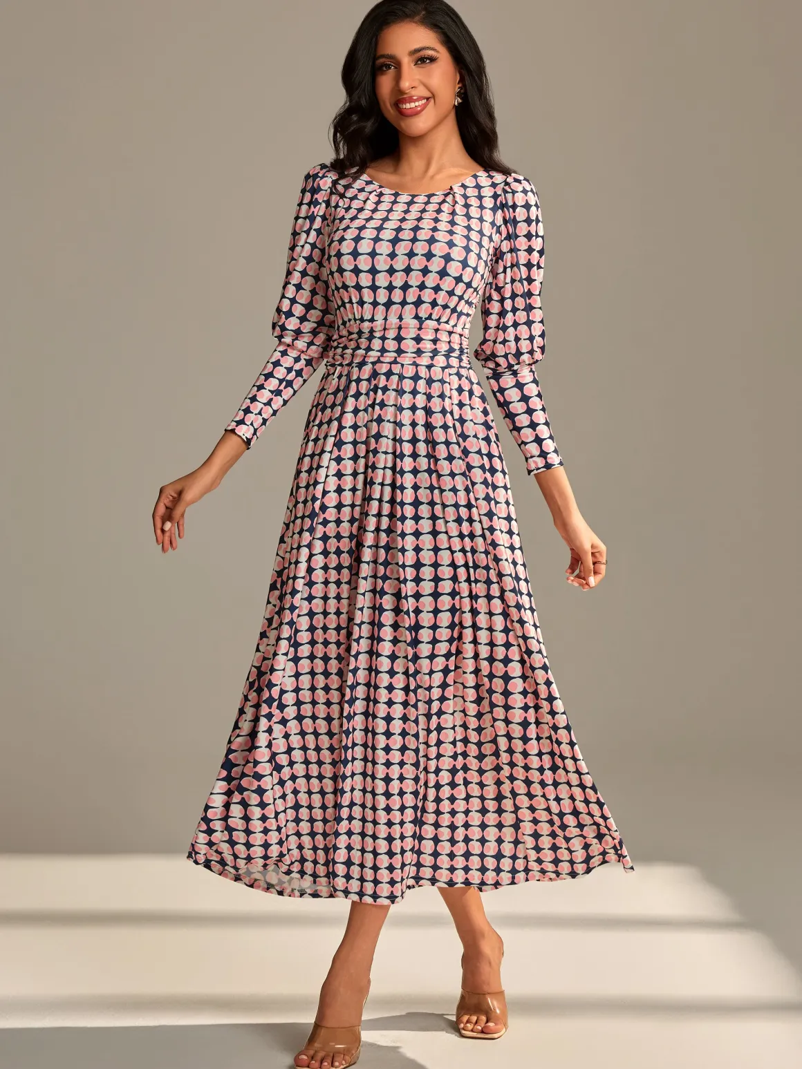 Long Puff Sleeved Jersey Midaxi Dress, Large Pink Geo