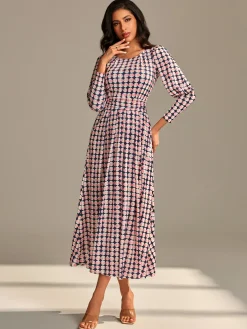 Long Puff Sleeved Jersey Midaxi Dress, Large Pink Geo