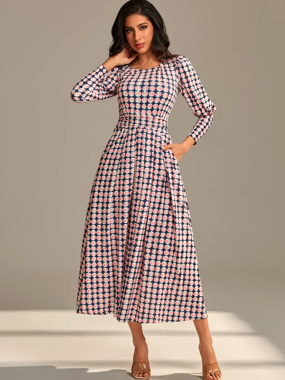 Long Puff Sleeved Jersey Midaxi Dress, Large Pink Geo