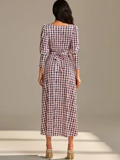 Long Puff Sleeved Jersey Midaxi Dress, Large Pink Geo