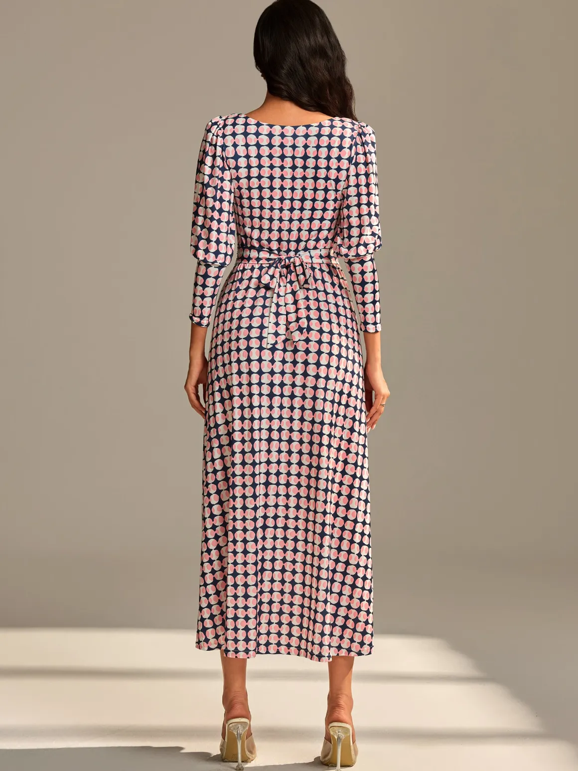 Long Puff Sleeved Jersey Midaxi Dress, Large Pink Geo