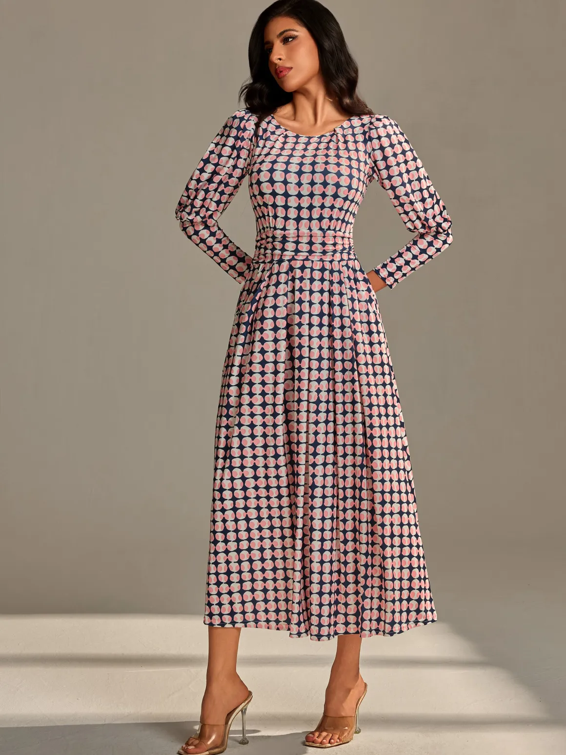 Long Puff Sleeved Jersey Midaxi Dress, Large Pink Geo