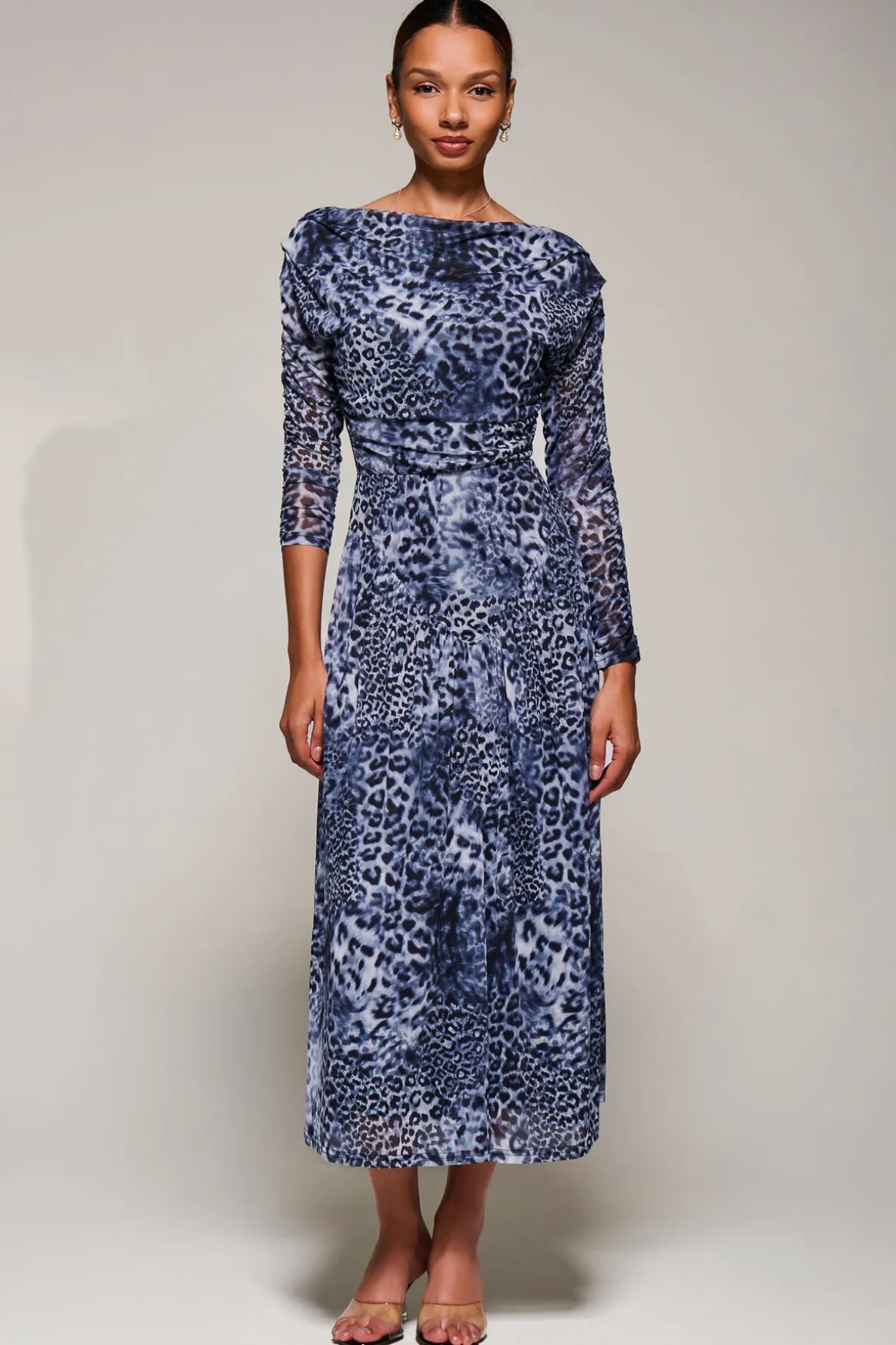 Long Sleeve Asymmetric Gathered Mesh Midi Dress, Black Animal