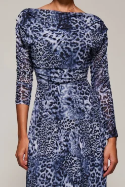 Long Sleeve Asymmetric Gathered Mesh Midi Dress, Black Animal