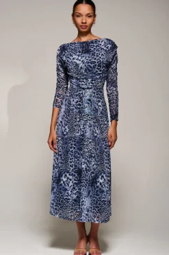 Long Sleeve Asymmetric Gathered Mesh Midi Dress, Black Animal