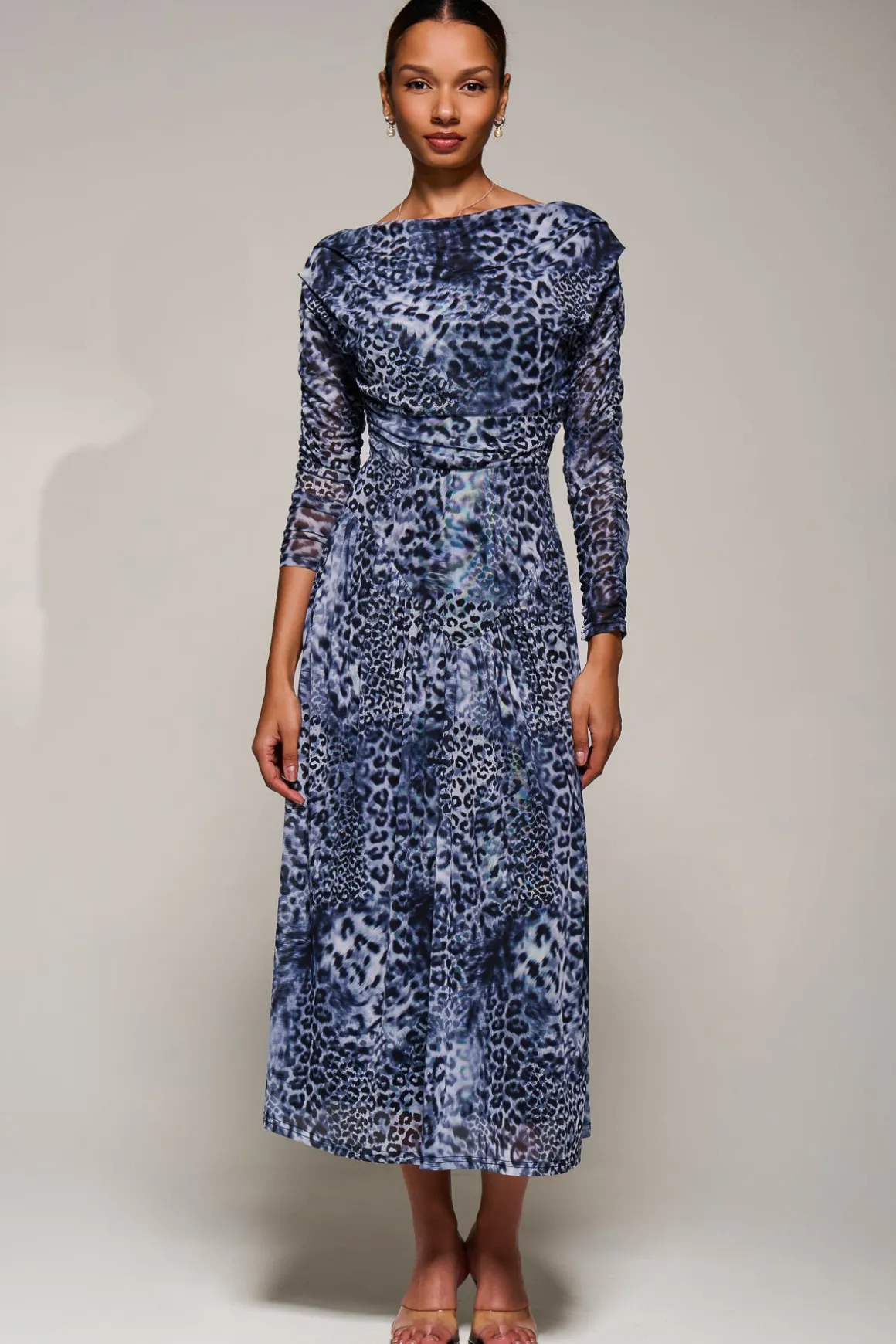 Long Sleeve Asymmetric Gathered Mesh Midi Dress, Black Animal