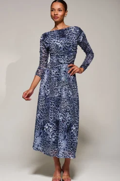 Long Sleeve Asymmetric Gathered Mesh Midi Dress, Black Animal