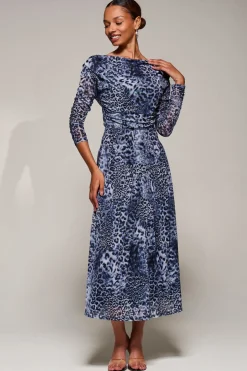 Long Sleeve Asymmetric Gathered Mesh Midi Dress, Black Animal