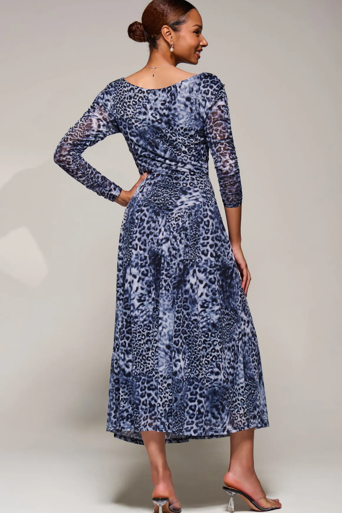 Long Sleeve Asymmetric Gathered Mesh Midi Dress, Black Animal