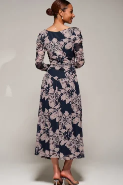 Long Sleeve Asymmetric Gathered Mesh Midi Dress, Black Floral