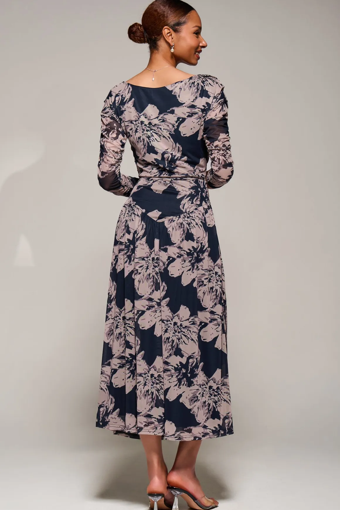 Long Sleeve Asymmetric Gathered Mesh Midi Dress, Black Floral