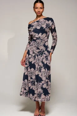 Long Sleeve Asymmetric Gathered Mesh Midi Dress, Black Floral
