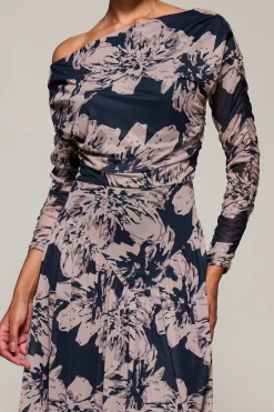 Long Sleeve Asymmetric Gathered Mesh Midi Dress, Black Floral