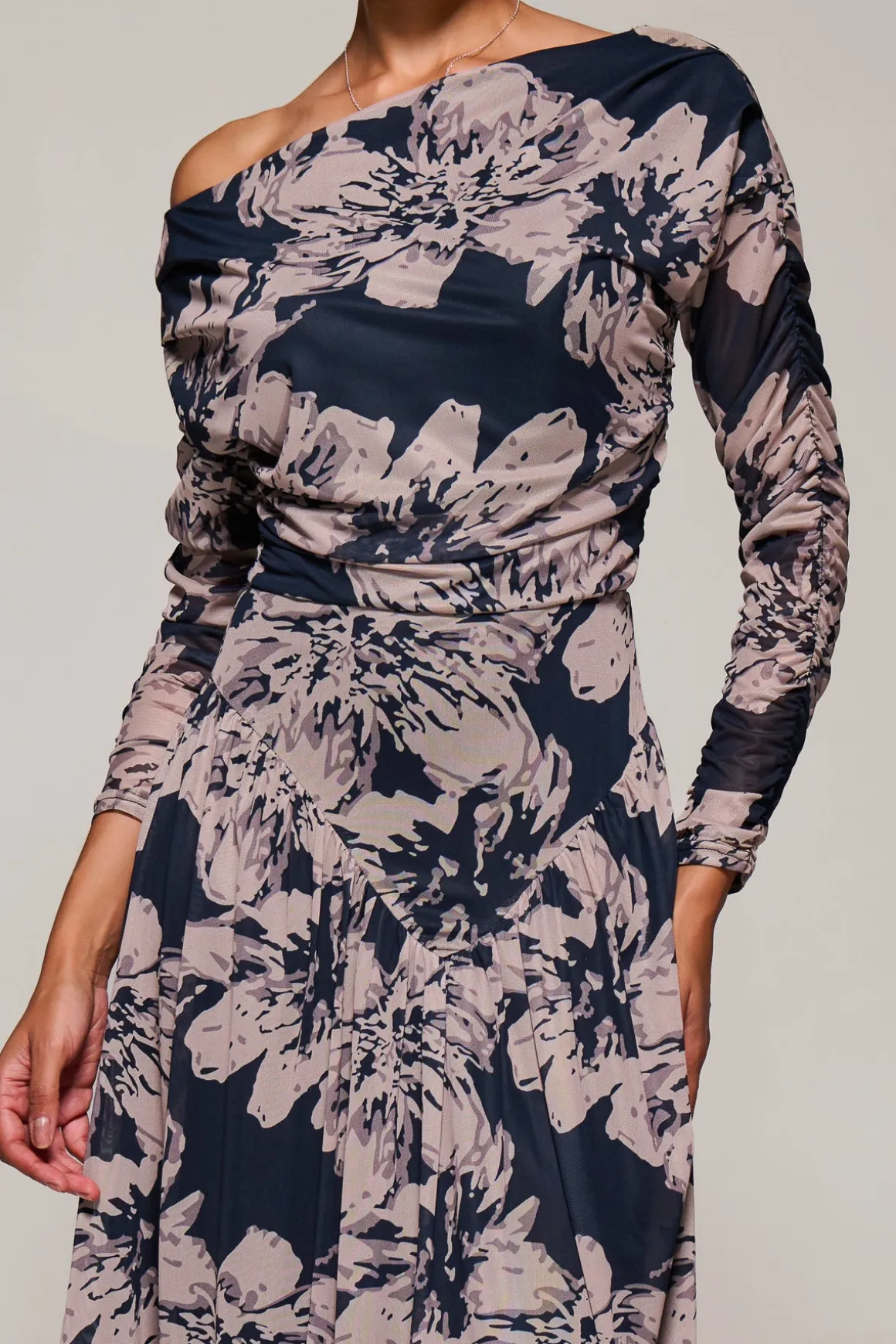 Long Sleeve Asymmetric Gathered Mesh Midi Dress, Black Floral