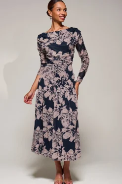 Long Sleeve Asymmetric Gathered Mesh Midi Dress, Black Floral