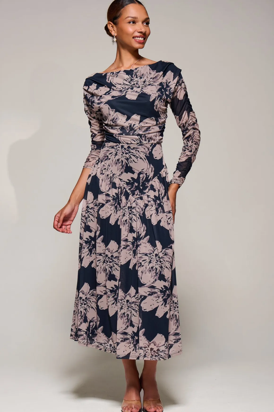 Long Sleeve Asymmetric Gathered Mesh Midi Dress, Black Floral