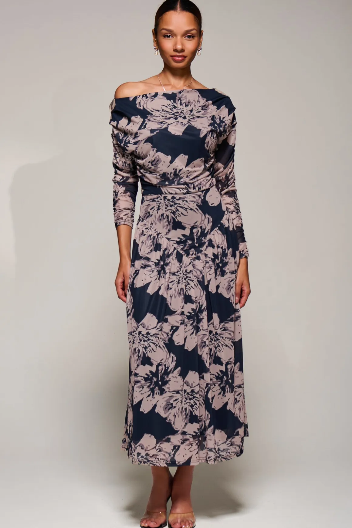 Long Sleeve Asymmetric Gathered Mesh Midi Dress, Black Floral