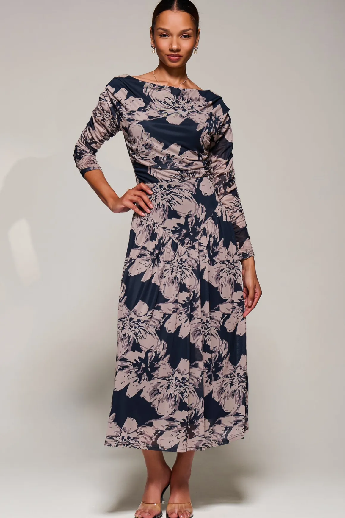 Long Sleeve Asymmetric Gathered Mesh Midi Dress, Black Floral