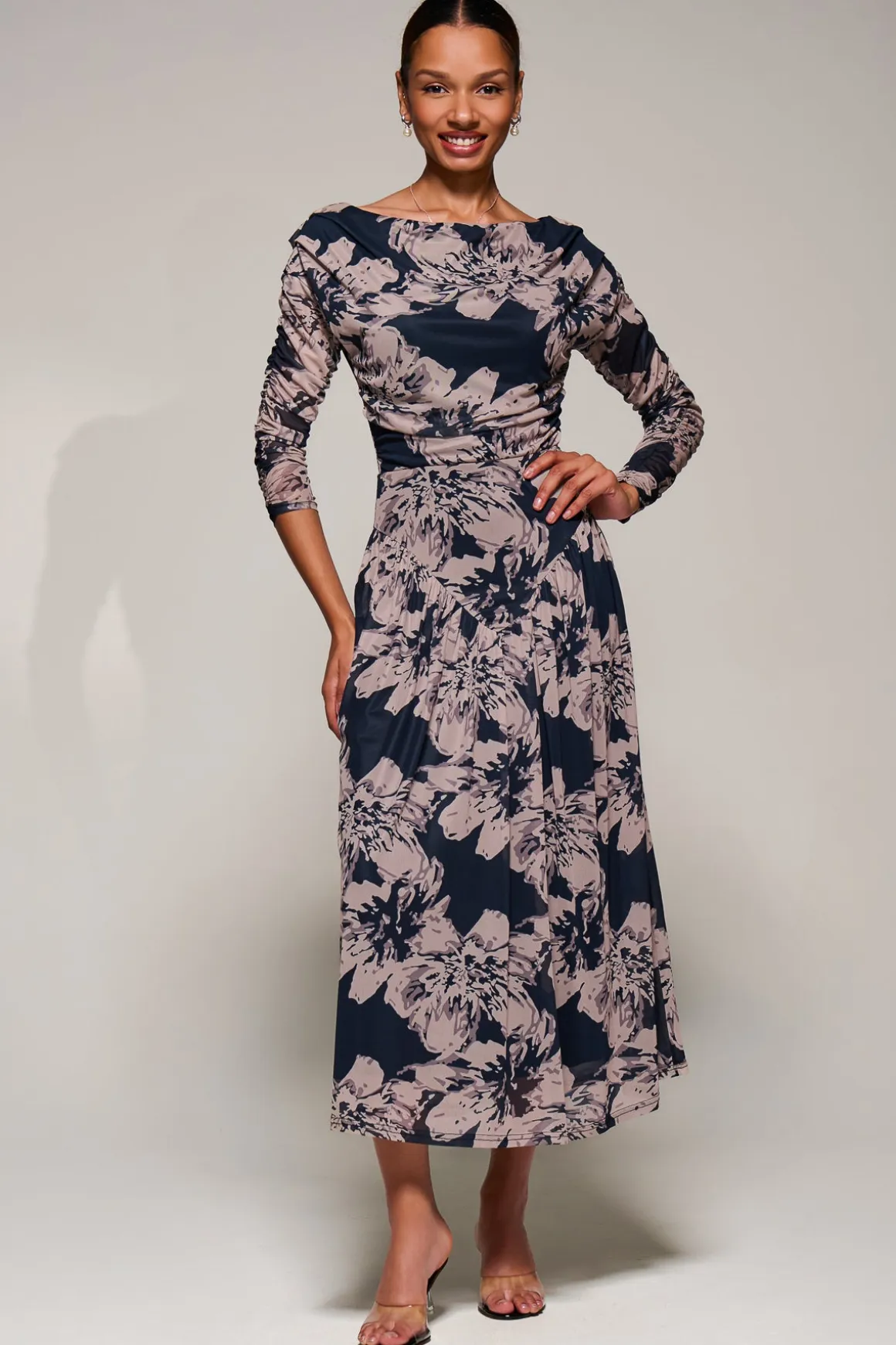 Long Sleeve Asymmetric Gathered Mesh Midi Dress, Black Floral
