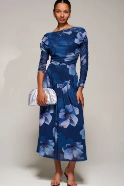 Long Sleeve Asymmetric Gathered Mesh Midi Dress, Blue Floral