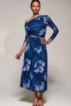Long Sleeve Asymmetric Gathered Mesh Midi Dress, Blue Floral