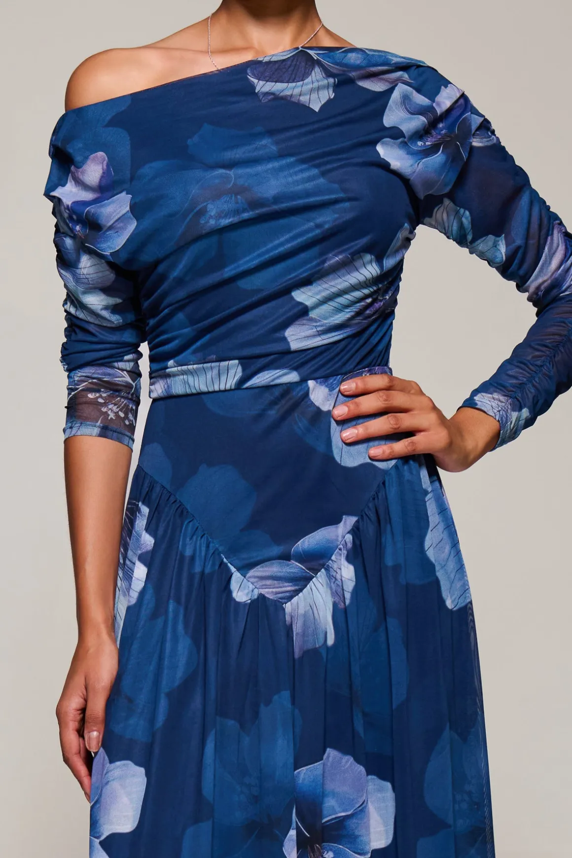 Long Sleeve Asymmetric Gathered Mesh Midi Dress, Blue Floral