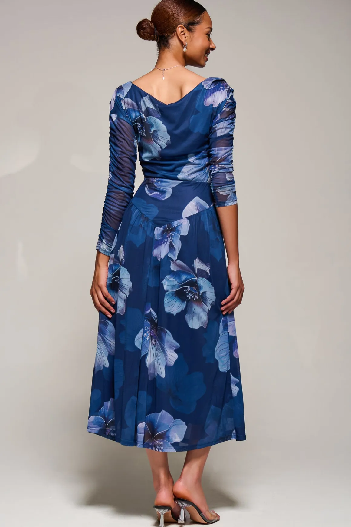 Long Sleeve Asymmetric Gathered Mesh Midi Dress, Blue Floral