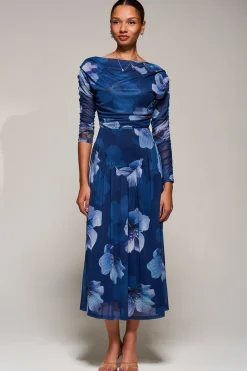 Long Sleeve Asymmetric Gathered Mesh Midi Dress, Blue Floral