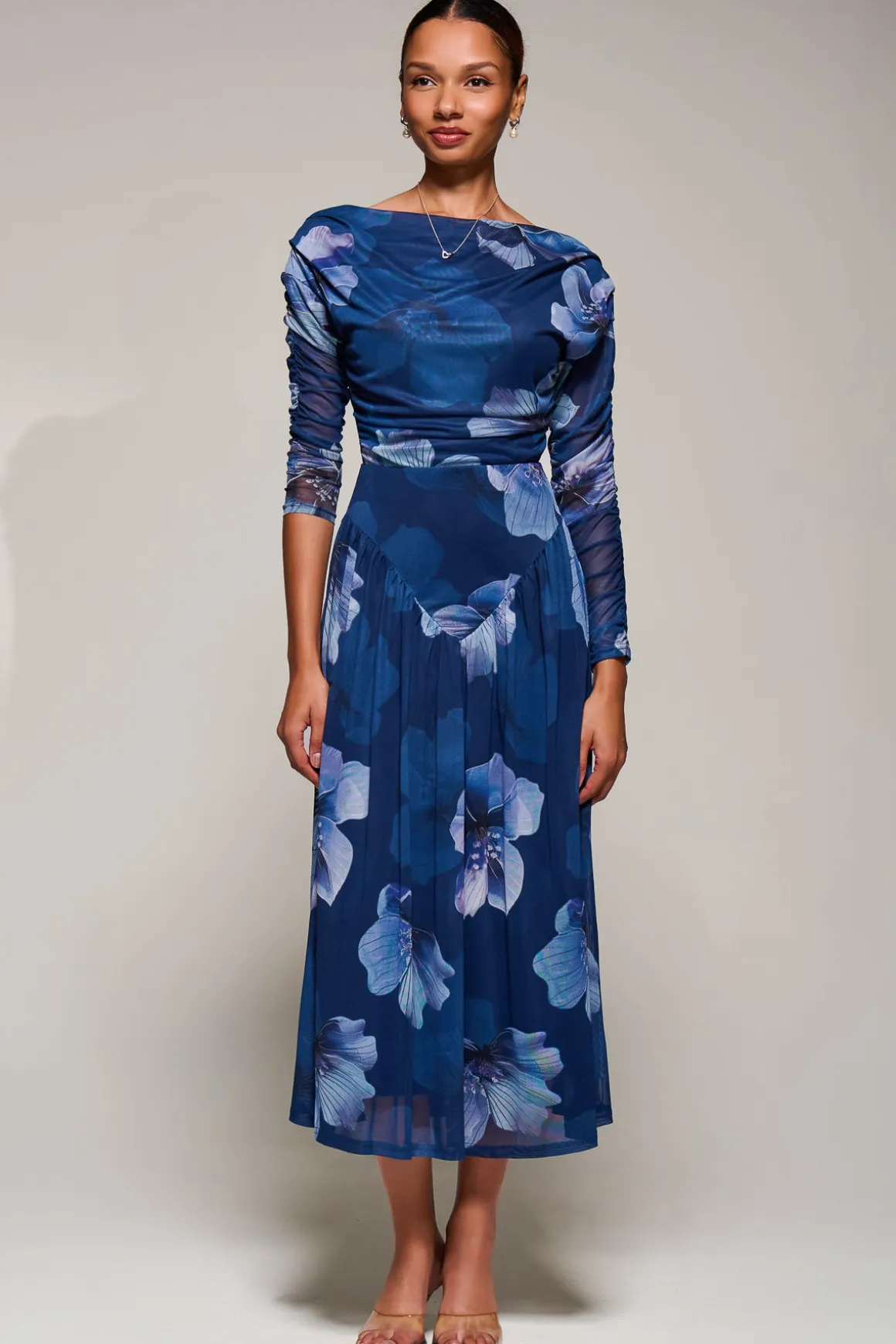 Long Sleeve Asymmetric Gathered Mesh Midi Dress, Blue Floral