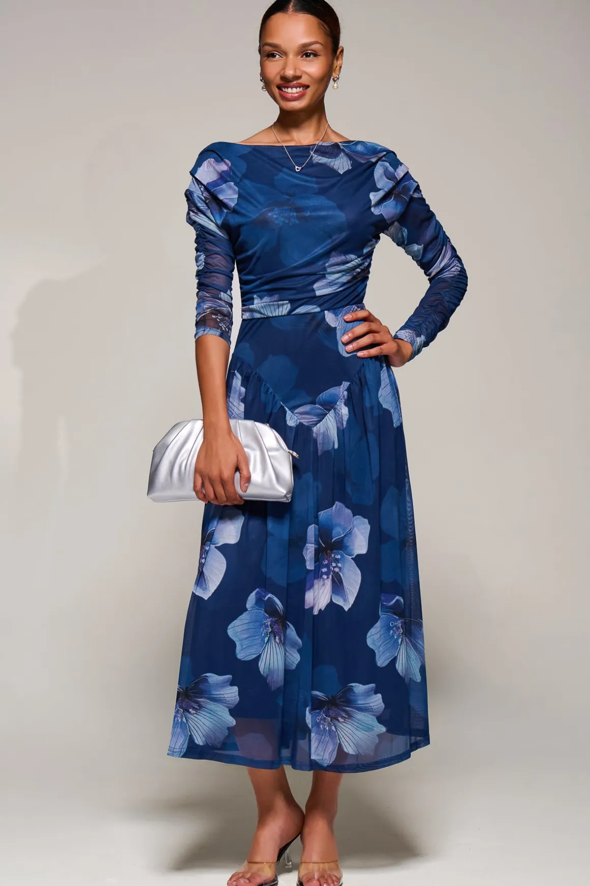 Long Sleeve Asymmetric Gathered Mesh Midi Dress, Blue Floral