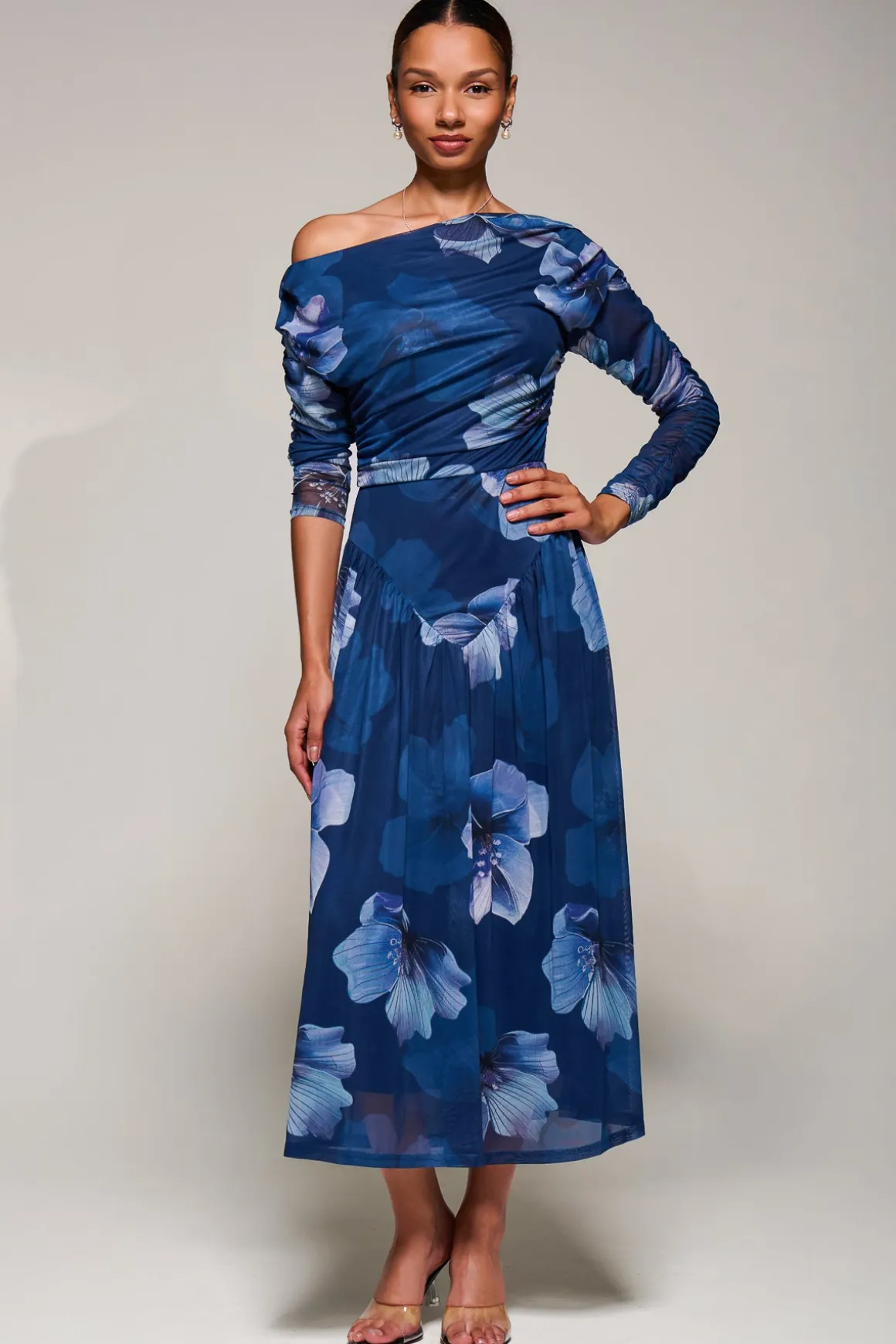 Long Sleeve Asymmetric Gathered Mesh Midi Dress, Blue Floral