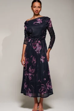 Long Sleeve Asymmetric Gathered Mesh Midi Dress, Pink Floral