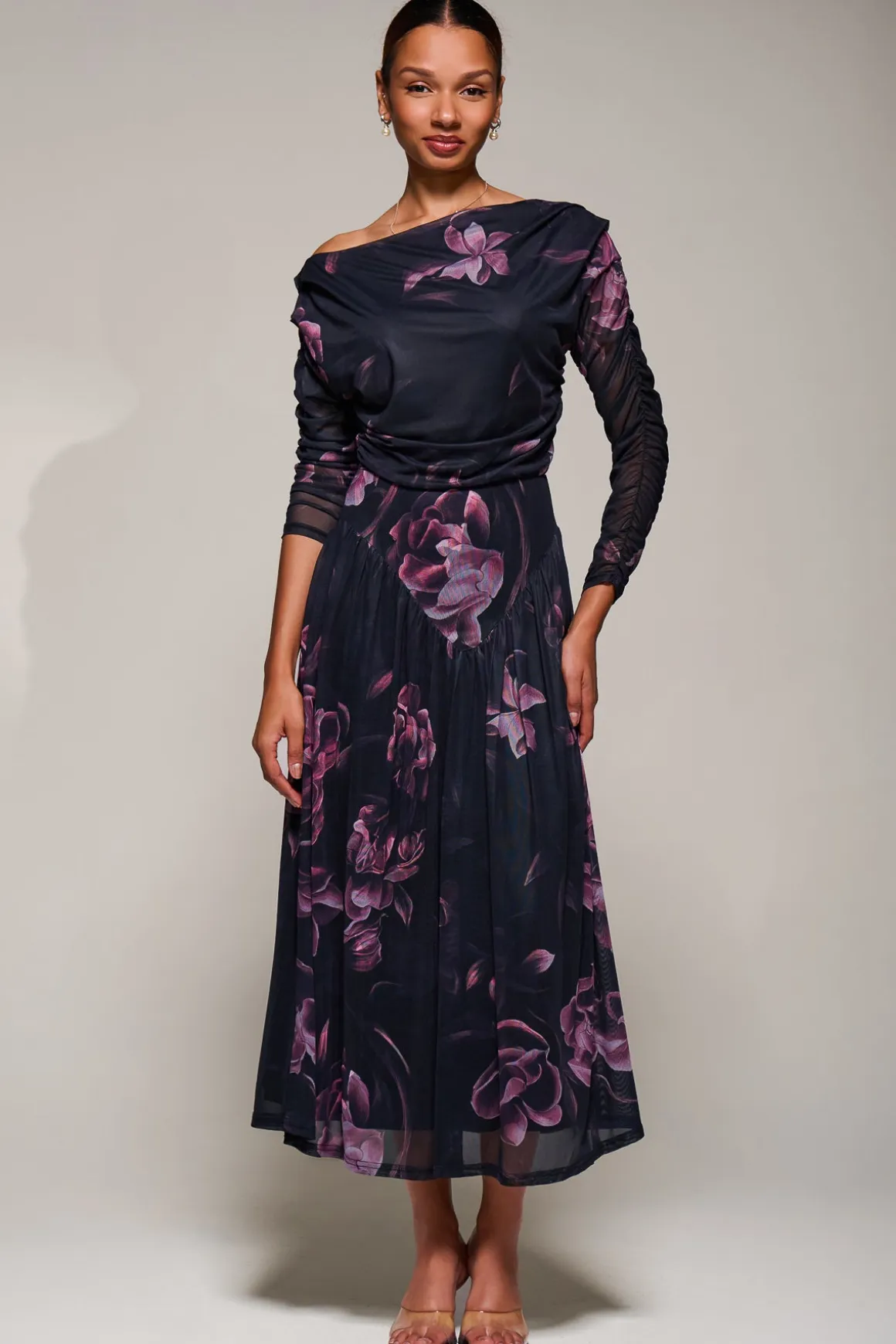Long Sleeve Asymmetric Gathered Mesh Midi Dress, Pink Floral