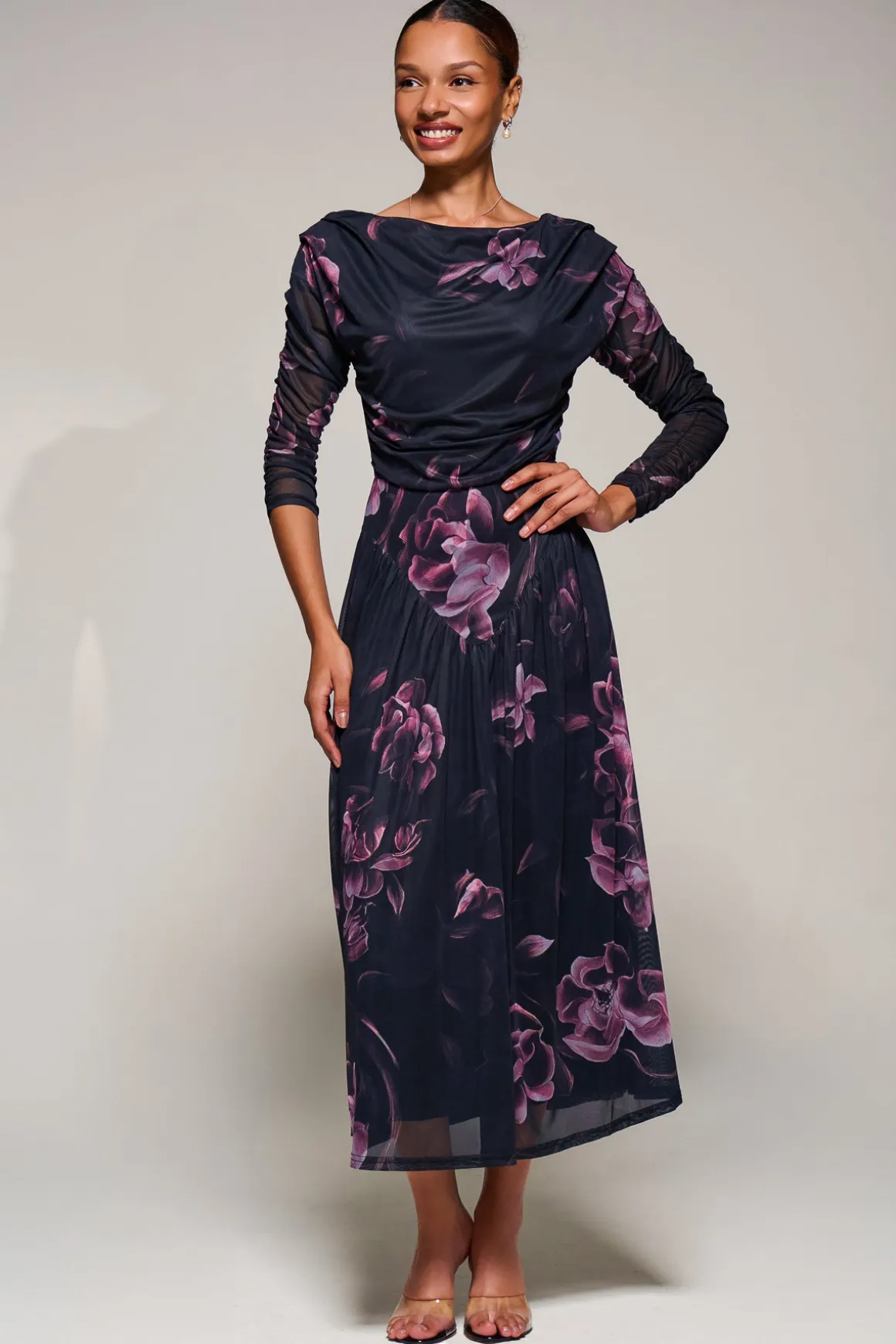 Long Sleeve Asymmetric Gathered Mesh Midi Dress, Pink Floral