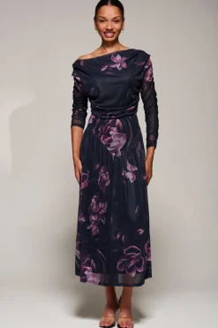 Long Sleeve Asymmetric Gathered Mesh Midi Dress, Pink Floral