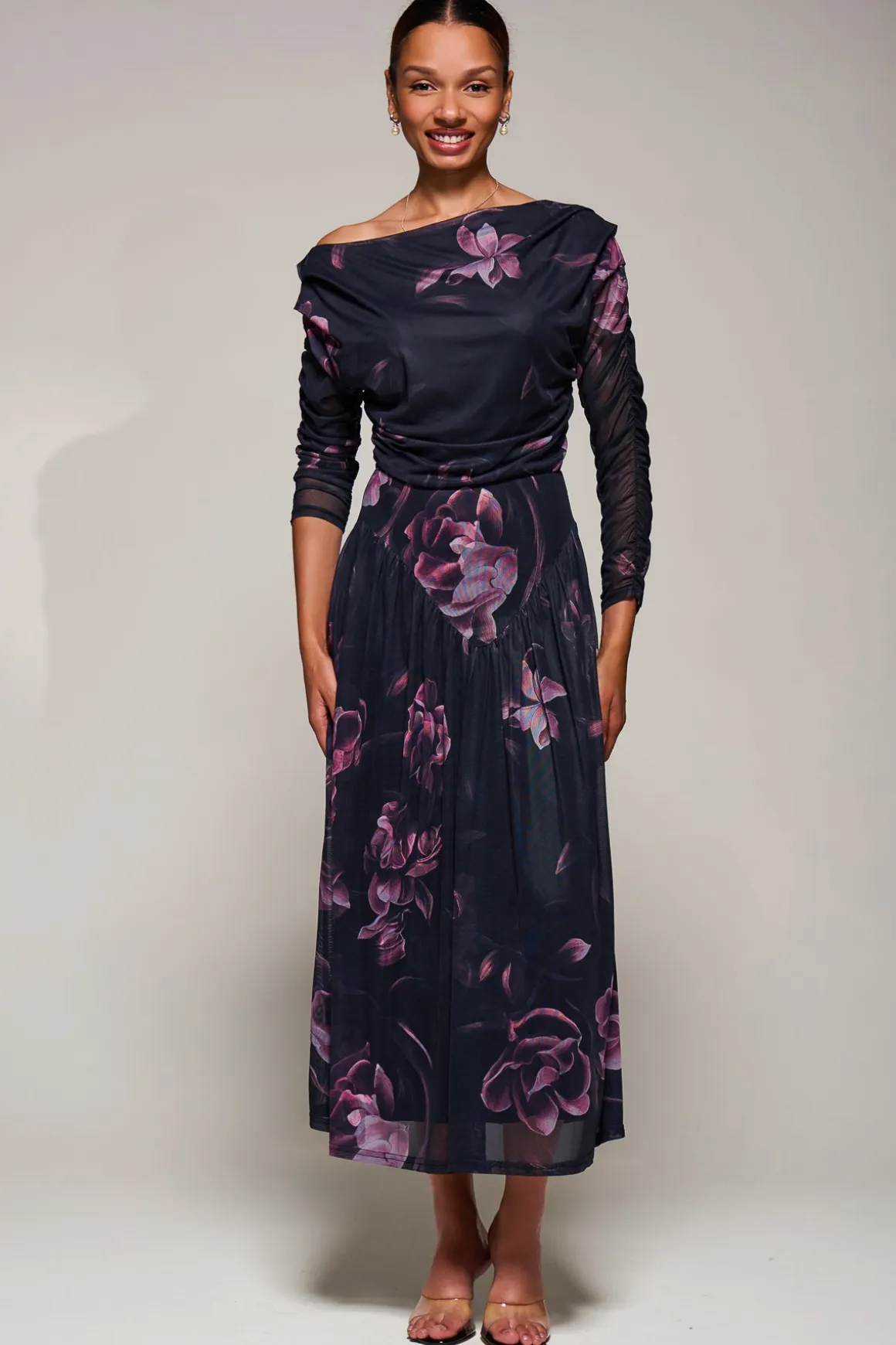 Long Sleeve Asymmetric Gathered Mesh Midi Dress, Pink Floral