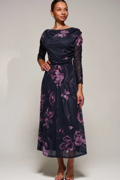 Long Sleeve Asymmetric Gathered Mesh Midi Dress, Pink Floral