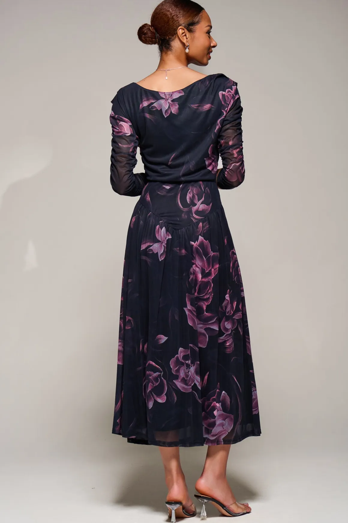 Long Sleeve Asymmetric Gathered Mesh Midi Dress, Pink Floral