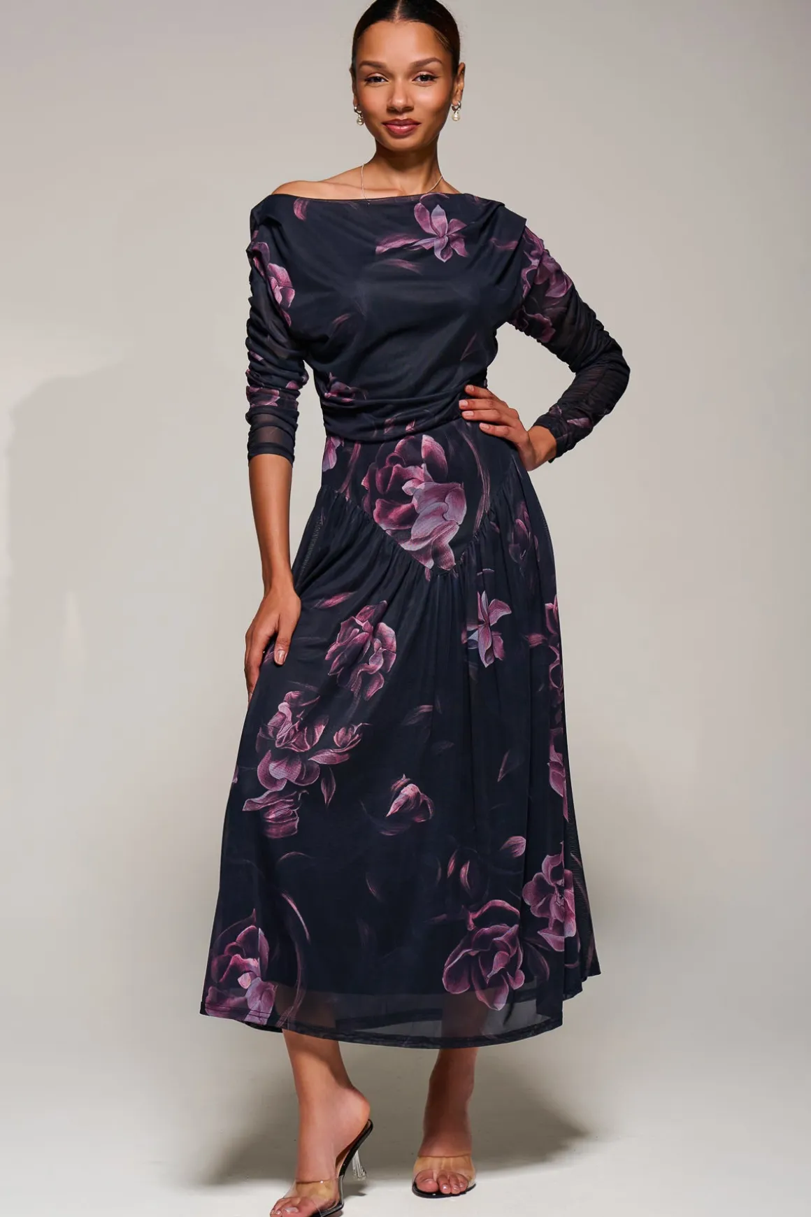 Long Sleeve Asymmetric Gathered Mesh Midi Dress, Pink Floral