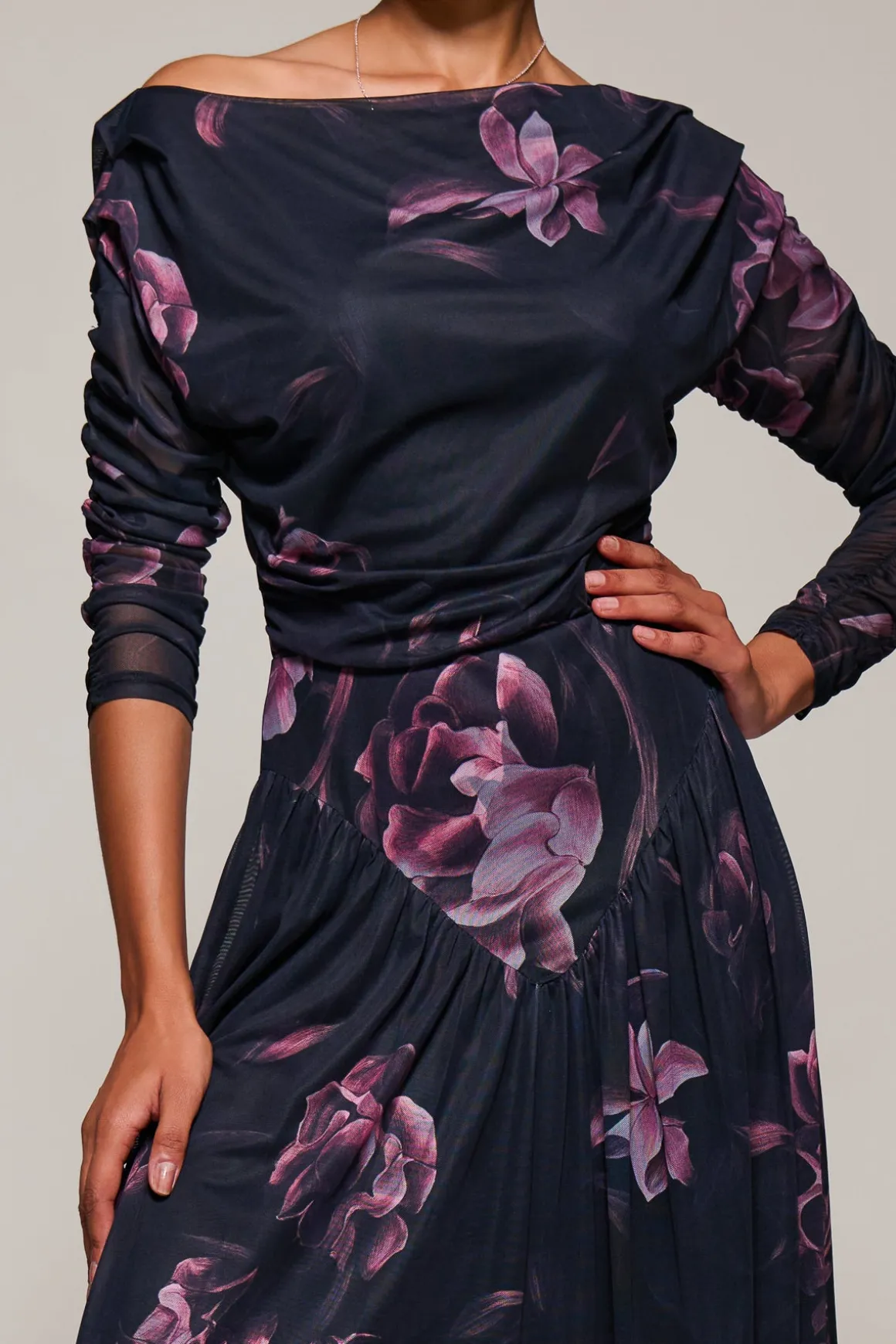 Long Sleeve Asymmetric Gathered Mesh Midi Dress, Pink Floral