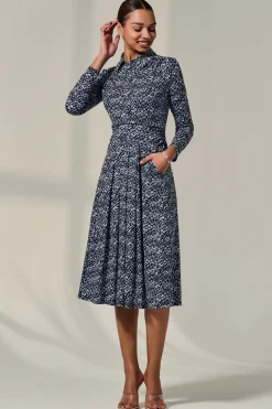 Long Sleeve Button Up Midi Dress, Navy Pattern