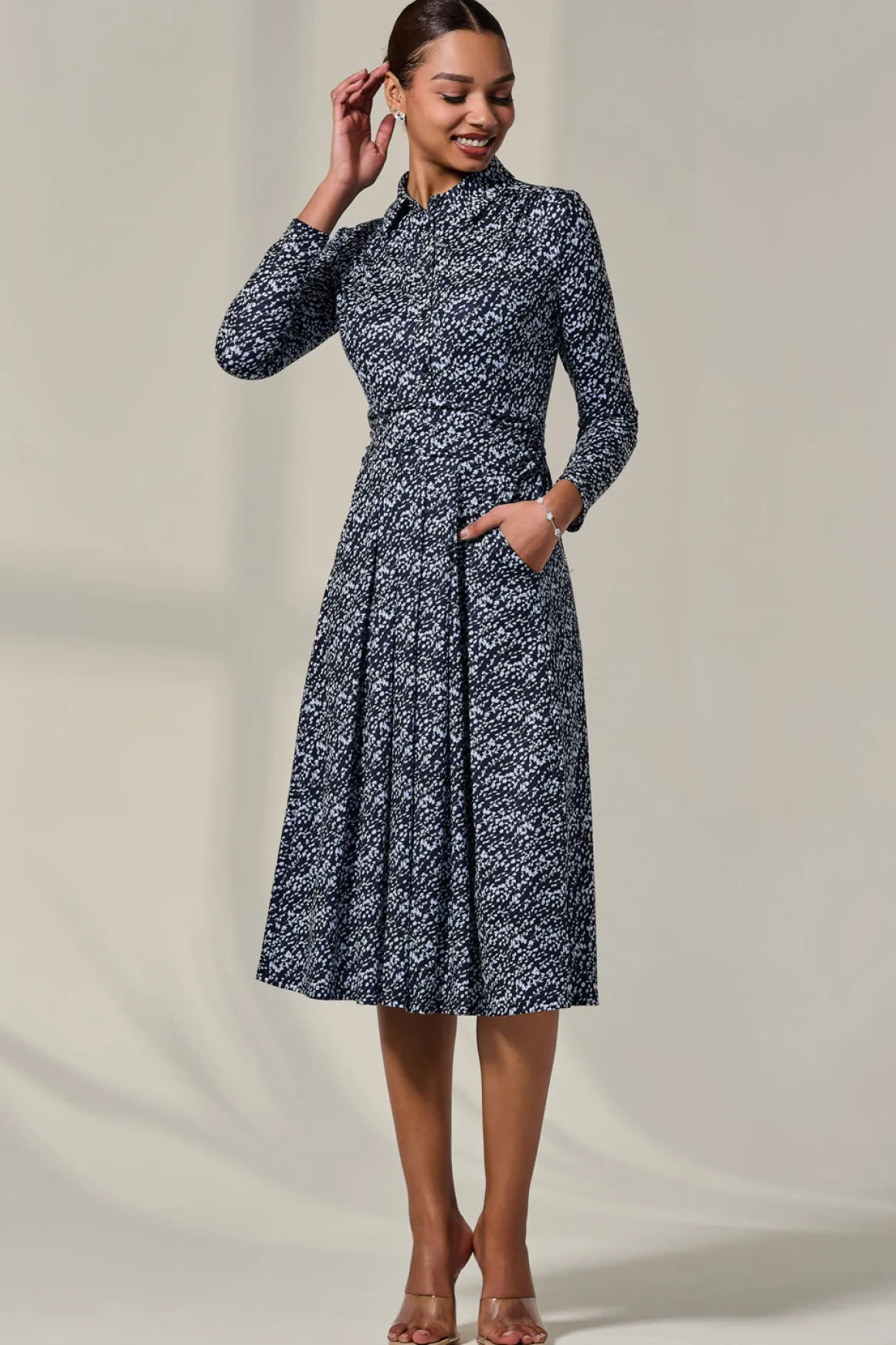 Long Sleeve Button Up Midi Dress, Navy Pattern