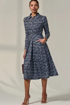 Long Sleeve Button Up Midi Dress, Navy Pattern
