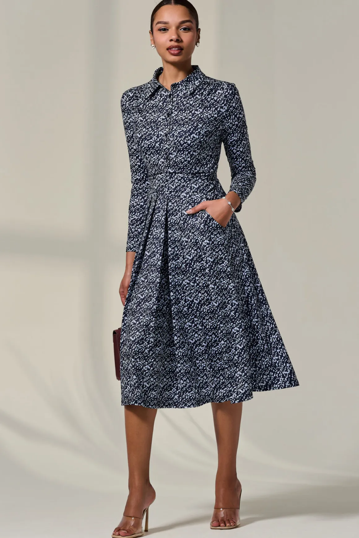 Long Sleeve Button Up Midi Dress, Navy Pattern