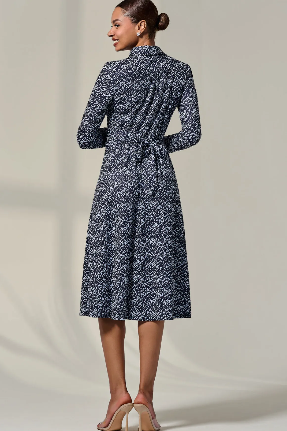 Long Sleeve Button Up Midi Dress, Navy Pattern