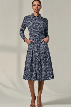 Long Sleeve Button Up Midi Dress, Navy Pattern