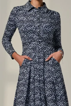 Long Sleeve Button Up Midi Dress, Navy Pattern